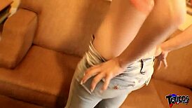 Excited busty delivery girl rides bbc on couch and balcony