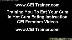 Nasty boy eats up all his cum in femdom CEI session