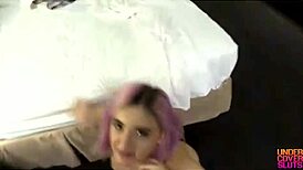 oh yeah, sabrina violet takes that cum in her mouth while bent over in doggystyle