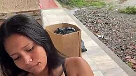 colombian puta sucks big cock on the street, gets caught by neighbor in hardcore action