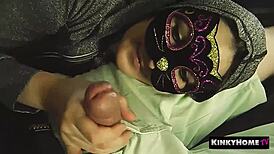 Masked girl goes wild SUCKING his hard cock