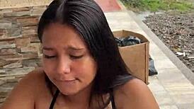 colombian puta sucks big cock on the street, gets caught by neighbor in hardcore action