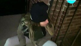 slut cracky takes stick up shaved pussy in public