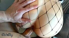 house maid in uniform and fishnets gets fucked from behind while cleaning, taking a big load on her big ass