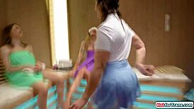 Ever tried getting fucked by busty shemales in a steamy sauna?
