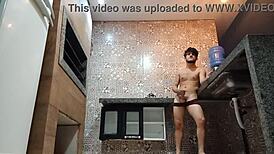 At my friend's party, this petite teen plays with cock in the kitchen