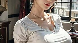 3D animovaná hentai služka připravuje snídani a dotýká se sama venku