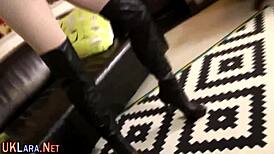 Classy British milf in stockings and heels gets hardcore cumshot. Uniform-clad mature European enjoys intense spunking.