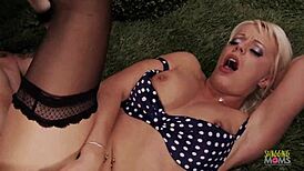 to make the blonde milf with big boobs moan, he fingers her shaved pussy and prepares her for anal with his monster cock