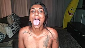 Desi feels ecstatic drooling and wiggling tongue on couch