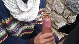 Passionate outdoor blowjob with natural tits flashing in the park