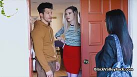 Massive cock boyfriend drills ebony teen hard while girlfriend stays clueless at home!