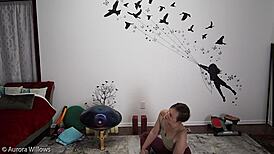 milf in lesson shows cameltoe, ass, and shaved pussy for jerk instructions