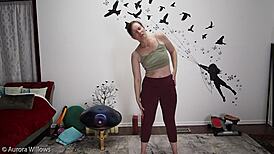 milf in lesson shows cameltoe, ass, and shaved pussy for jerk instructions