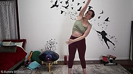 milf in lesson shows cameltoe, ass, and shaved pussy for jerk instructions