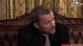 Skinny secretary in stockings banged anal in FMM 3some