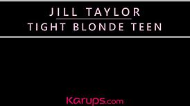 American teen Jill Taylor fingers her shaved pussy while horny and blonde