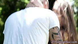 Beautiful euro model rides outdoors