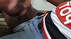 Young guy gets cock from black man during game