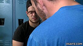 Mature gays deepthroat big cocks in locker room.
