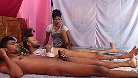 Threesome with big black cock and white cock in tight pussy at home