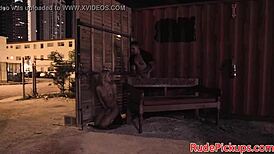 Hardfucked teen 18+ bent over and bound in public bondage, rough fucking with cum in mouth