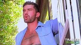 trailertrashboys raw sex with chris damned and beaux morgan, muscular bodybuilders in outdoor hardcore blowjob and masturbation