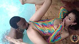 Rome major fucks brunette sisi pesos' sweet tight pussy by the pool, and she rides his monster cock like crazy.