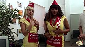 Service sector girls handle double penetration on the job