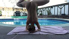 poolside nude yoga with hairy natural babe stretching solo