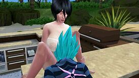 Mikasa asks Vegeta for cooking tips, seduces him with big tits and ass, fucks better than Bulma