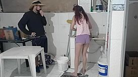 Bold Amateur Risks Masturbating, Cums on Ass While Tenant Washes Clothes.