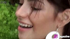 Latina teen Tere in bikini plays with fruit outdoors