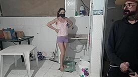 Bold Amateur Risks Masturbating, Cums on Ass While Tenant Washes Clothes.