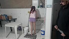 Bold Amateur Risks Masturbating, Cums on Ass While Tenant Washes Clothes.