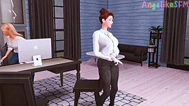 Futanari boss dominates secretary with huge dick in deep throat action!