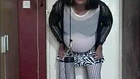 sissy crossdress swallows his own piss again