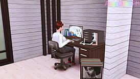 Futanari boss dominates secretary with huge dick in deep throat action!