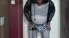 sissy crossdress swallows his own piss again