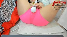 big boobs latina teen 18+ squirts in pink shorts during solo play