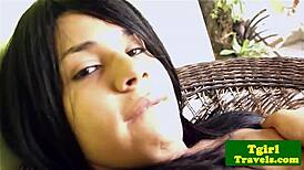 Latin Transsexual Strokes Her Cock Outdoors With Tan Lines