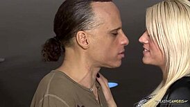 Blonde woman arouses partner with titty technique before doggy session