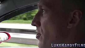 Inked babe sucks pornstar Brit Luke Hardy 😍