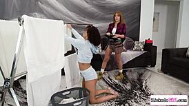 Ebony wife gets pussy licked by lesbian delivery crew