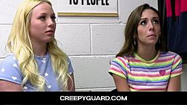 Creepyguard-officer nails a deal with shoplifter teens Dani Blu and Dixie Lynn!