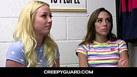 Creepyguard-officer nails a deal with shoplifter teens Dani Blu and Dixie Lynn!