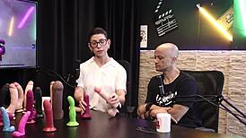 Eilani quina and victor luciano explore penis textures for masturbation and prosthesis advantages with upper toys sheer red lingerie