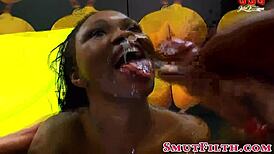 Euro ebony gets intensely bukkaked with massive cumshots