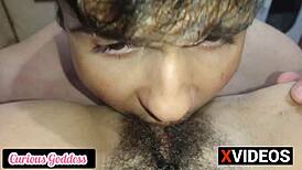 Curious Goddess Licks Girlfriend's Hairy Pussy