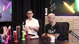 Eilani quina and victor luciano explore penis textures for masturbation and prosthesis advantages with upper toys sheer red lingerie